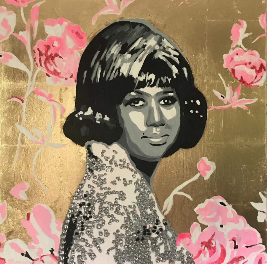 Gold-leaf portrait with pink florals, from Margreet Schaap’s icons series