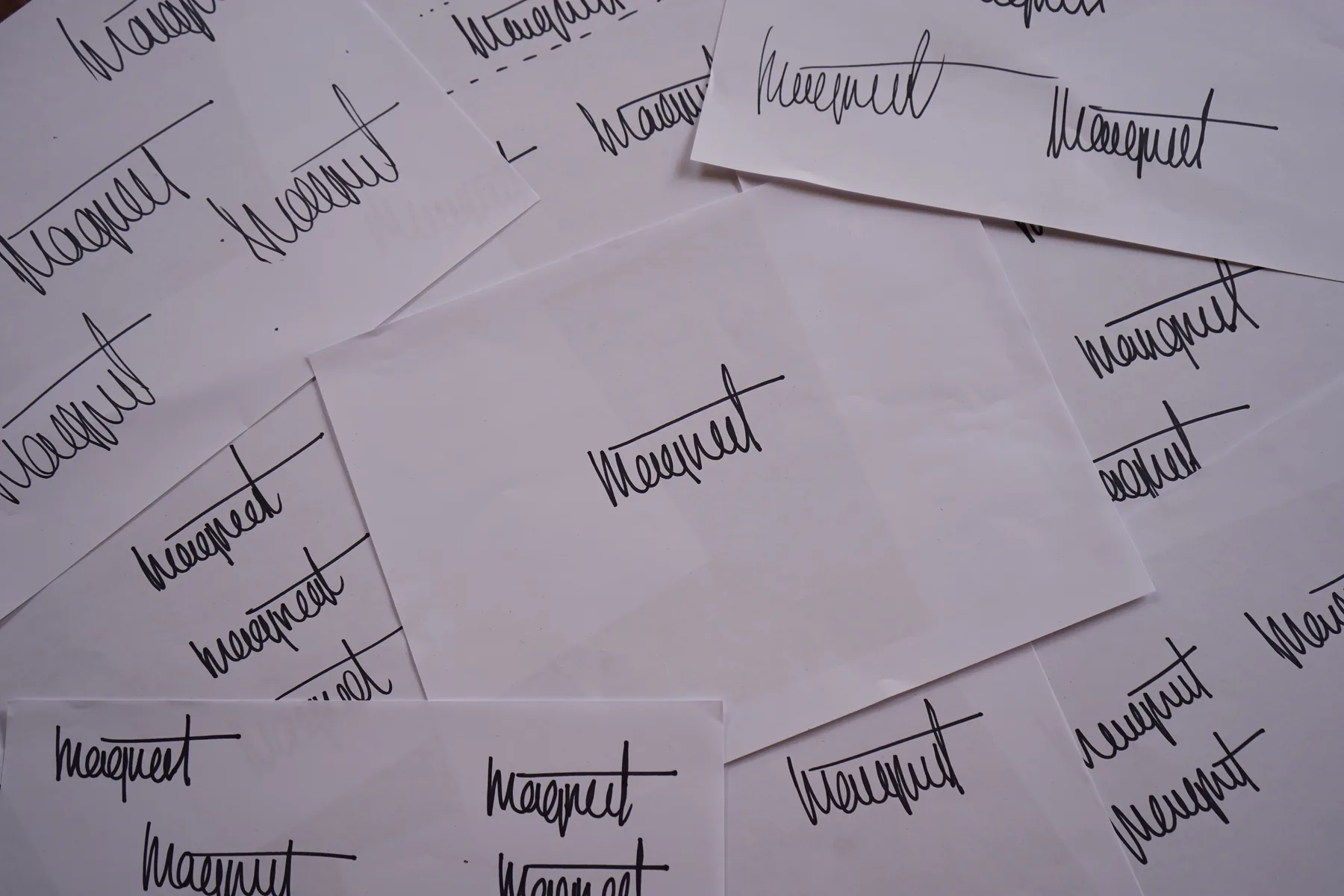 Dozens of handwritten signature explorations on paper, with the selected mark alone on a clean sheet