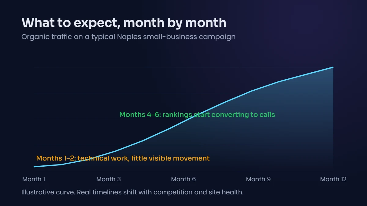 SEO timeline in Naples: organic traffic growth curve month by month, with little movement in months 1 to 2 and results converting from month 4 to 6