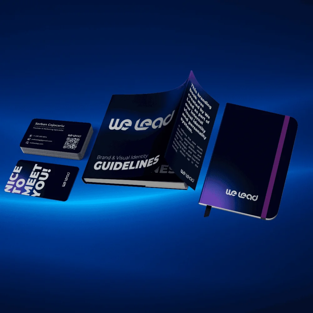 Brand guidelines, business cards and notebook designed by We Lead