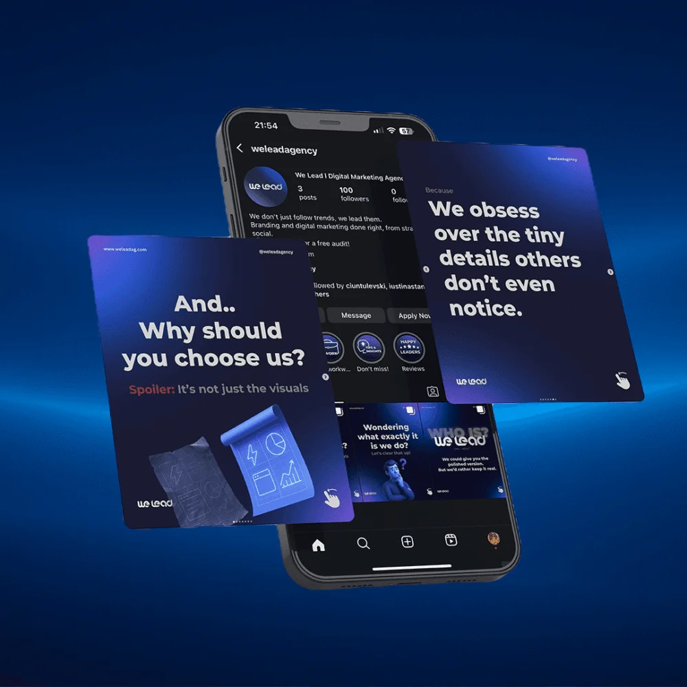 Social media posts designed by We Lead, shown on a phone