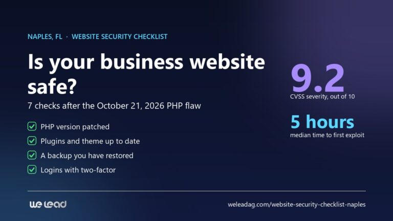 Website security checklist for Naples businesses: PHP version, updates, backups, logins
